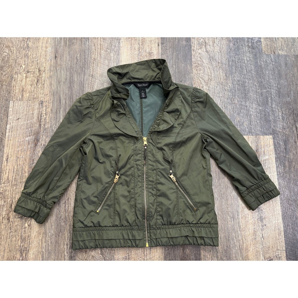 White House Black Market Olive Green Ruffle Collar Zip Jacket Womens Size 0